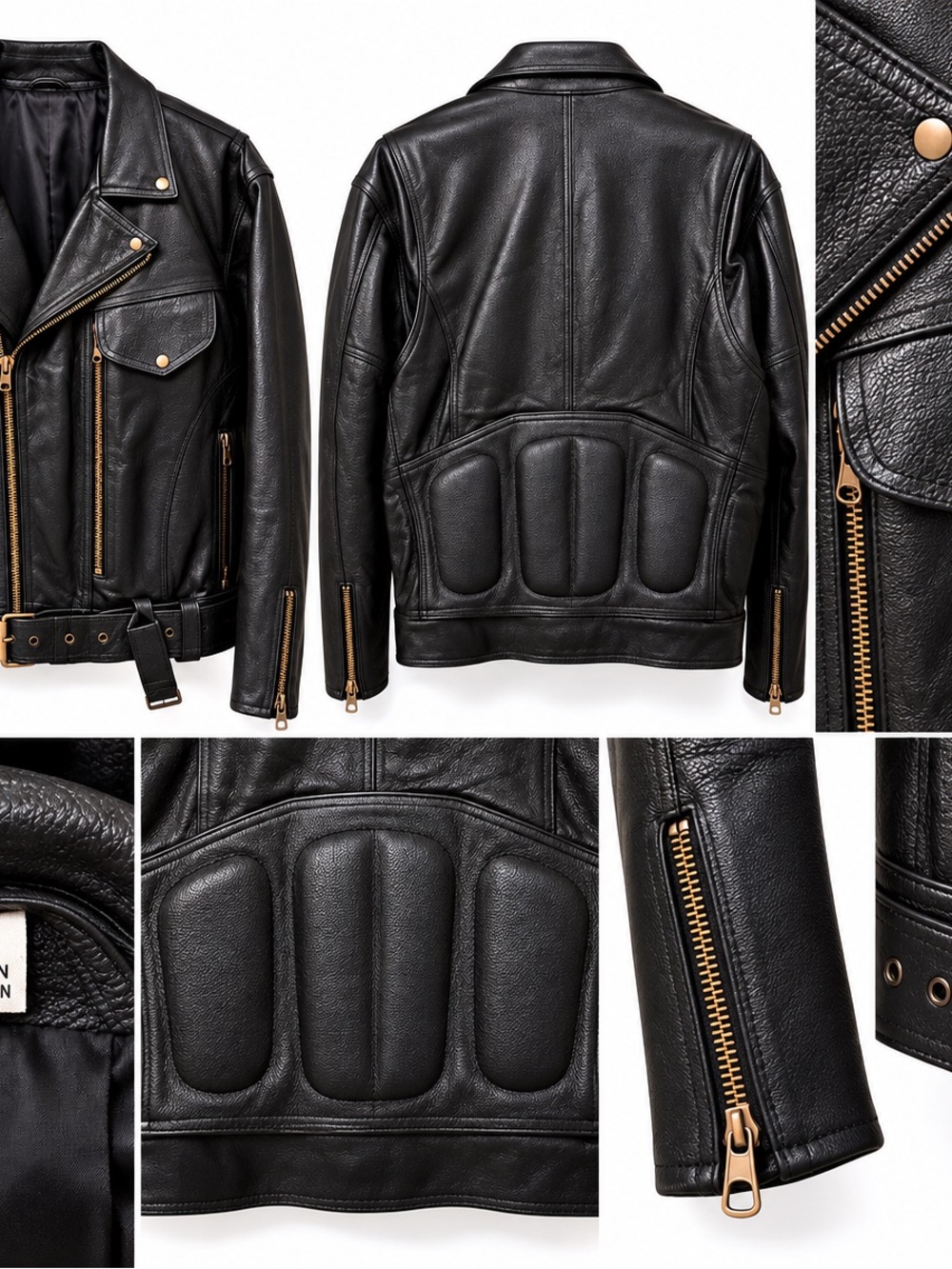 Leather Biker Jacket with Padded Back - Black